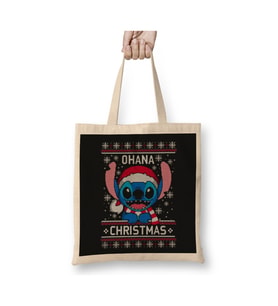 Lilo And Stitch Ohana Christmas Ugly Sweater Beyaz Bez Çanta Uzun Saplı Alışveriş Çantası