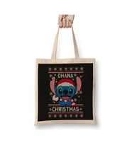 Lilo And Stitch Ohana Christmas Ugly Sweater Beyaz Bez Çanta Uzun Saplı Alışveriş Çantası