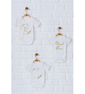 Pia Baby Premium %100 Pamuk İsme Özel Organik Baskılı Üçlü Set Çıtçıtlı Bebek Body Zıbın Modelleri 5080-18 (Ekru)