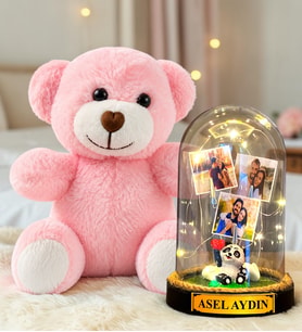 Kişiye Özel 3 Fotoğraflı Yazılı LED Işıklı Fanus ve Pembe Peluş Ayıcık Hediye Seti (pandalı)