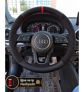 Audi Q2 Dikme Direksiyon Kılıfı Alcantara Süet Mat Karbon Kırmızı Yüzük ve Dikiş 2016-2020