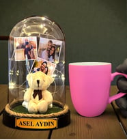 Size Özel Tasarım Led Işıklı Fanus ve Pembe Kupa Bardak Hediye Seti (Model 1)