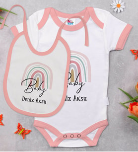 BK Kids Kişiye Özel Baby Tasarımlı Pembe Bebek Body Zıbın ve Mama Önlüğü Hediye Seti