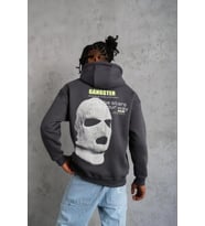 Erkek Kordonlu Maske Baskılı Kapşonlu Sweat - Gri