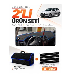 e-biz SEAT IBIZA (1998-2001) Uyumlu Torpido Örtüsü + Tay Tüyü Bagaj Çantası - Siyah-Mavi - SE002