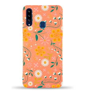 Samsung Galaxy A20s Uyumlu Lansman Kılıf Çiçek Tasarımlı İçi Kadife Kapak-Turuncu (Şeffaf)