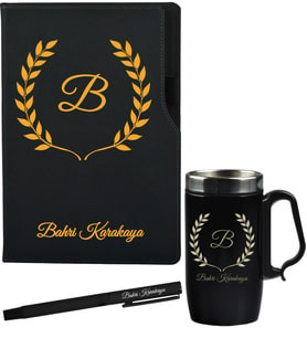 Kişiye Özel Doğum Günü Hediyesi Siyah Defter Termos - Mug ve Roller Kalem Hediye Seti