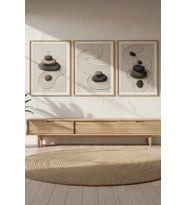 Zen Taşları 3’lü Ahşap Çerçeveli Tablo Seti - Minimalist Duvar Dekoru