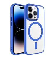 Coverzone iPhone 14 Pro ile uyumlu K?l?f Wireless ?arj �zellikli Metal buton Z-Krom MagSafe ile uyumlu ?effaf Transparan Double Color Silikon Kapak Mavi