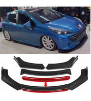 Peugeot 207 Kırmızı Renkli Şeritli Dilli Ön Lip 4 Prç Parlak Siyah ABS