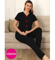 Kadın Süs Düğmeli Fiyonklu V Yaka Puantiyeli Likralı Viskon Kısa Kol Pijama Takımı (Siyah)