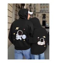 Sevgili Çift Kombini Astronot Temalı Siyah Hoodie Takımı – Pamuklu Oversize Sweatshirt 2'li Set
