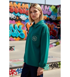 Kadın Polo Yaka Düşük Kol Nakışlı Fermuarlı Sweatshirt Fonksiyonel Dayanıklı Kaliteli Spor