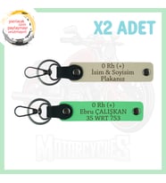 Sütlü Kahve-Fıstık Yeşil, Motorcu Tarzı Plakalı & İsimli Deri 2'li Anahtarlık, 0 Rh (+) Kan Grubu
