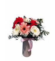 Bej Çizgili Polimer Vazoda Renkli  Gerbera Aranjımanı