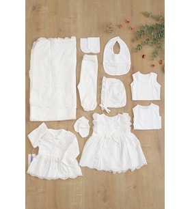 Kız Bebek Natıral Pamuk Kumaş Fistolu Dantelli Lüks 10 Lu Hastane Çıkışı Set STL6800 (Beyaz)