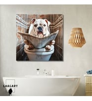 Tekli Kare Kanvas Banyo Tablosu Gazete Okuyan Beyaz Bulldog