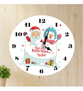 Noel Baba Ve Kardan Adam Temalı İsimli Duvar Saati