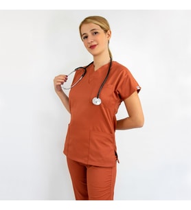Unisex Kiremit Esnek  Likralı Doktor Hemşire Aşçı Scrubs Tek Üst Forma