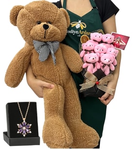Fotoğraflı Hediye Seti - Ametist Taşlı Lotus Kolye, 7'li Ayıcık Buketi ve Kahve Peluş Ayıcık (Model 2)