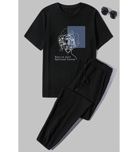 Unisex Minimal line drawing Baskılı 2'li Eşofman Takımı (Siyah)