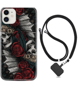 Apple iPhone 11 12 13 Mini Kılıf Boyun Askılı Silikon Skull Rose 1673