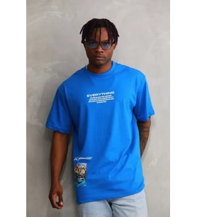 pilelistore- Unisex Bisiklet Yaka Baskılı Oversize T-Shirt - Mavi