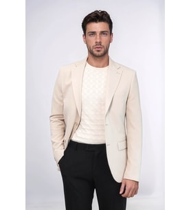 Bej Kendinden Desenli Örme Altın Renk Metal Düğmeli Slim Fit Erkek Blazer Ceket - Wessi (Krem)