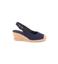 Gerçek Elişi Arkadan Bantlı Topuğu Açık Burnu Hasırlı Keten Espadril Dolgu Topuk Handmade (Lacivert)