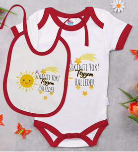 BK Kids Sıkıntı Yok Teyzem Halleder Tasarımlı Kırmızı Bebek Body Zıbın ve Mama Önlüğü Hediye Seti-1