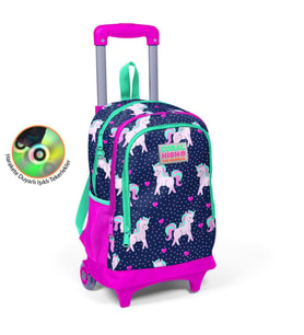 Coral High Kids Lacivert Pembe Unicorn Desenli Üç Bölmeli Işıklı Tekerlekli Çekçekli Sırt Çantası 23366