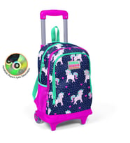 Coral High Kids Lacivert Pembe Unicorn Desenli Üç Bölmeli Işıklı Tekerlekli Çekçekli Sırt Çantası 23366