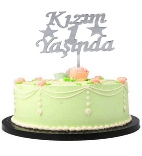 Kızım 1 Yaşında İlk Yaş Doğum Günü Partisi Pleksi Pasta Süsü Gümüş Renk