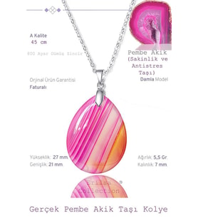 Sertifikalı Damla Model Pembe Akik Taşı Kolye (Gümüş Aparatlı) (Çok Renkli)