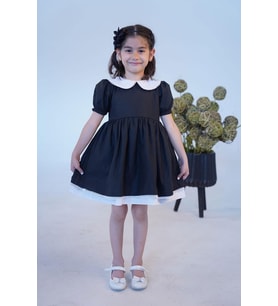 Dantel Detaylı Bebe Yaka Kız Çocuk Bebek Poplin Siyah Beyaz Elbise