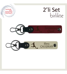 Futbolcu Ruhunu Taşıyan Erkek Sevgiliye Özel İsimli Anahtarlık Set, Bordo-Sütlü Kahve