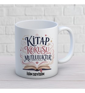Kişiye Özel Kitap Sever Tasarımlı Kitap Kokusu Mutluluktur İsimli Seramik Kupa