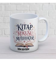 Kişiye Özel Kitap Sever Tasarımlı Kitap Kokusu Mutluluktur İsimli Seramik Kupa