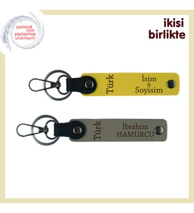 Birlikte Yazılan Hikâyeye Hediye – Türk Yazısı İsimli Deri Anahtarlık Takımı, Sarı-Kül Gri