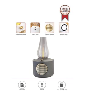 Torima D53 Gri Vintage Gaz Lambası Taşınabilir Bluetooth Speaker Ayarlanabilir Işıklı USB Şarjlı