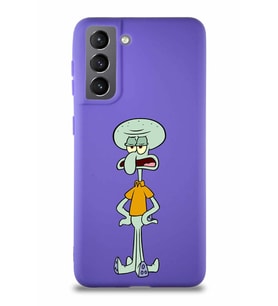 Samsung Galaxy S21 Soft Premier Kapak Squidward Dokunaç Tasarımlı Silikon Kılıf - Mor (Şeffaf)