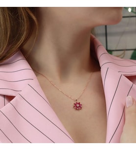 Fuşya Mini Kamelya Çiçeği Rose Gold Kaplama Gümüş Kolye