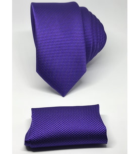 Mor Renk Mendilli Slim Fit Oxford Kuş Gözü Desen Kravat