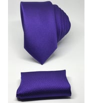 Mor Renk Mendilli Slim Fit Oxford Kuş Gözü Desen Kravat