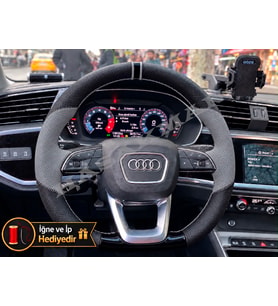 Audi Q3 Dikme Direksiyon Kılıfı Delikli Deri Parlak Siyah Gri Detay Çift Yüzük ve Dikiş 2018-2026