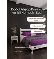 Natura Model Masif Ahşap Karyola ve 2 Adet Komodin Kolay Kurulum Fırınlanmış İthal Sibirya Çamı 90x200 Yatak Uyumlu 2 Adet Komodin