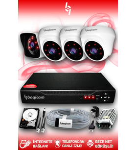 BAYICAM 4 Kameralı Kare 3 İç Kamera Set 2 TB HDD Full HD Gece Görüşlü Güvenlik Kamerası Sistemi