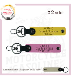 Motosikletçiye Hediye, İsim Plaka, 0 Rh (-) Kan Grubu Yazılı Acil Durum x2 Anahtarlık, Sarı-Pembe-SK