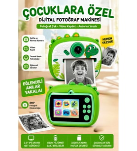 Dinozor Temalı Çocuk Dijital Fotoğraf Makinesi Termal Baskılı Kamera Selfie