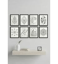 8 Parça Siyah Beyaz Geometrik Botanik Dekoratif Çerçeve Görünümlü Tablo Seti - Geometrik Tema